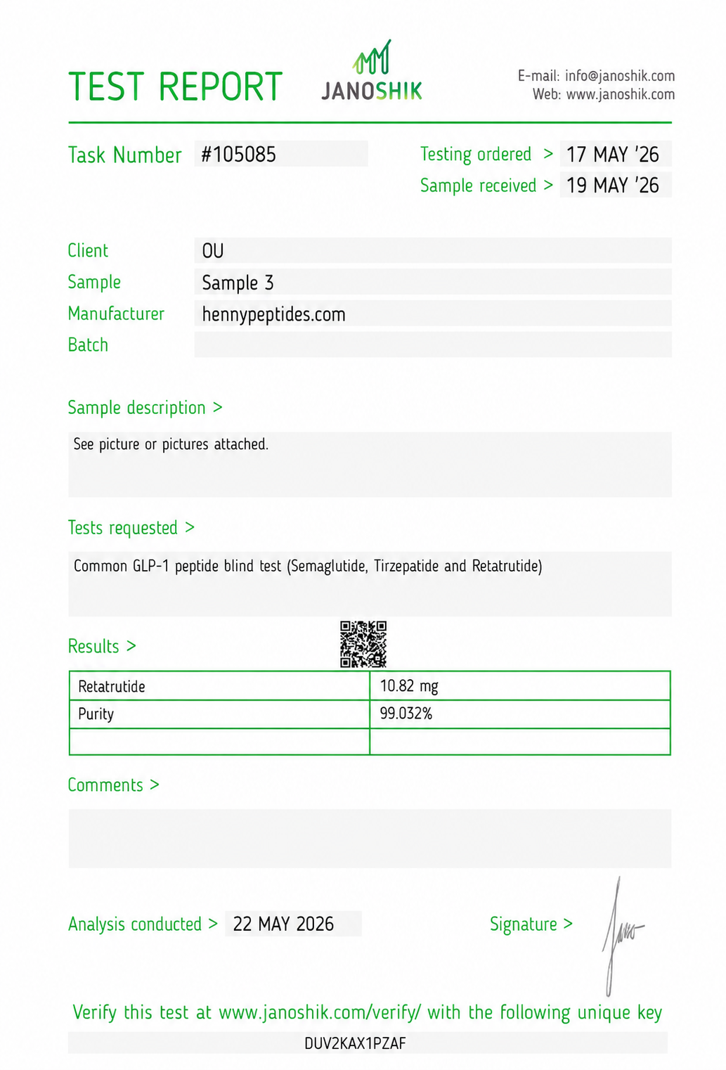 Retatrutide Janoshik lab report