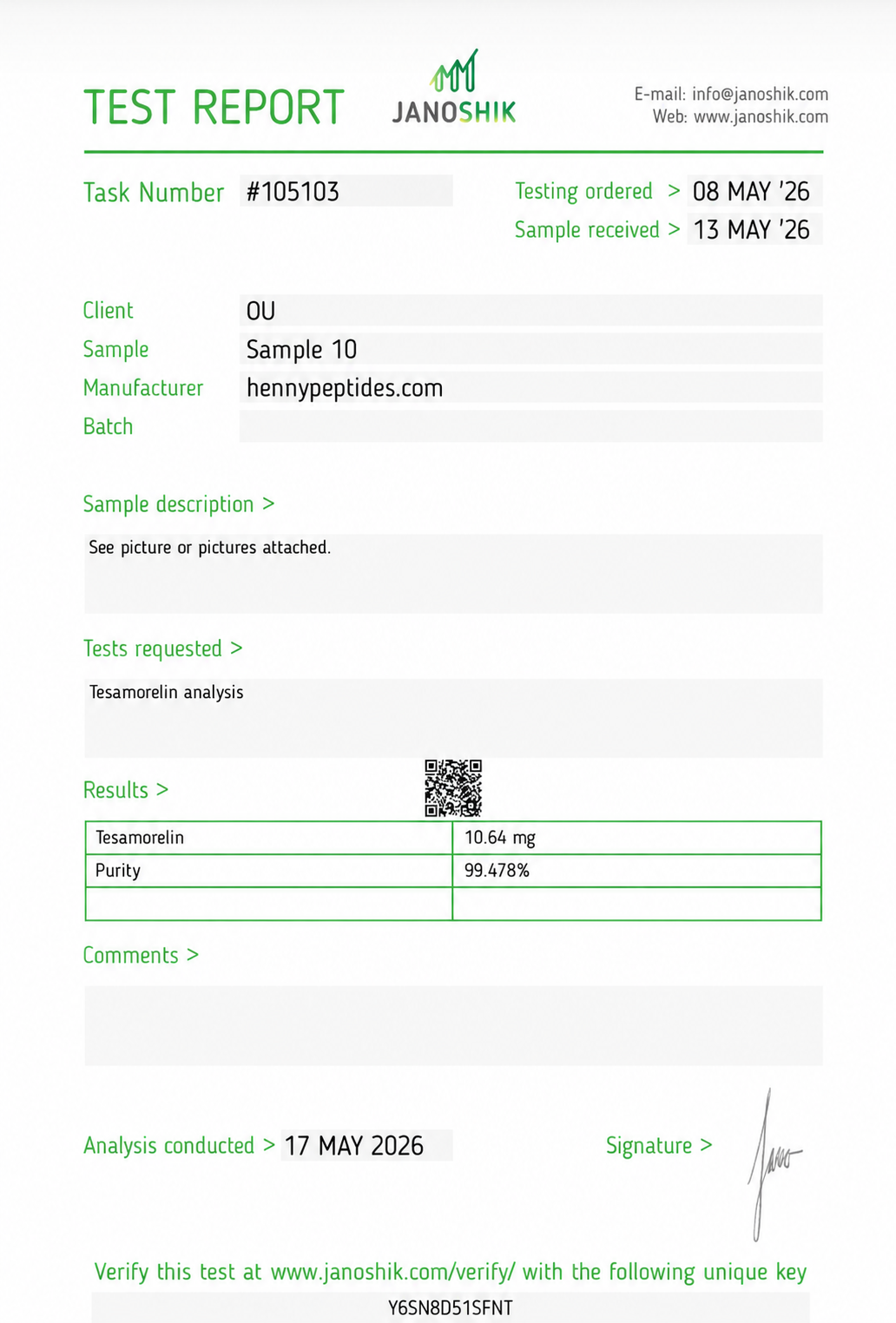 Tesamorelin Janoshik lab report